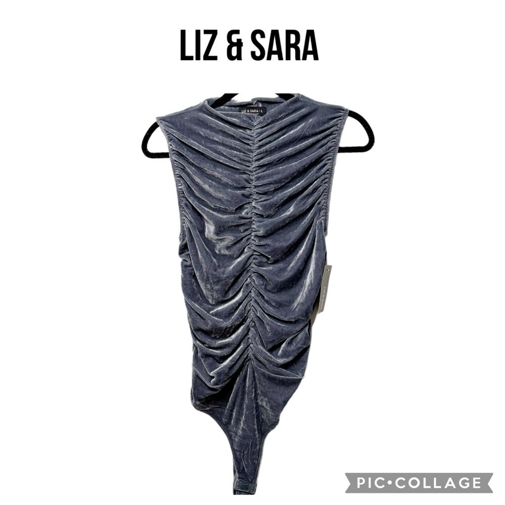Mauve Liz & Sara Sleeveless Velour velvet ruched gray Bodysuit Size L NWT
